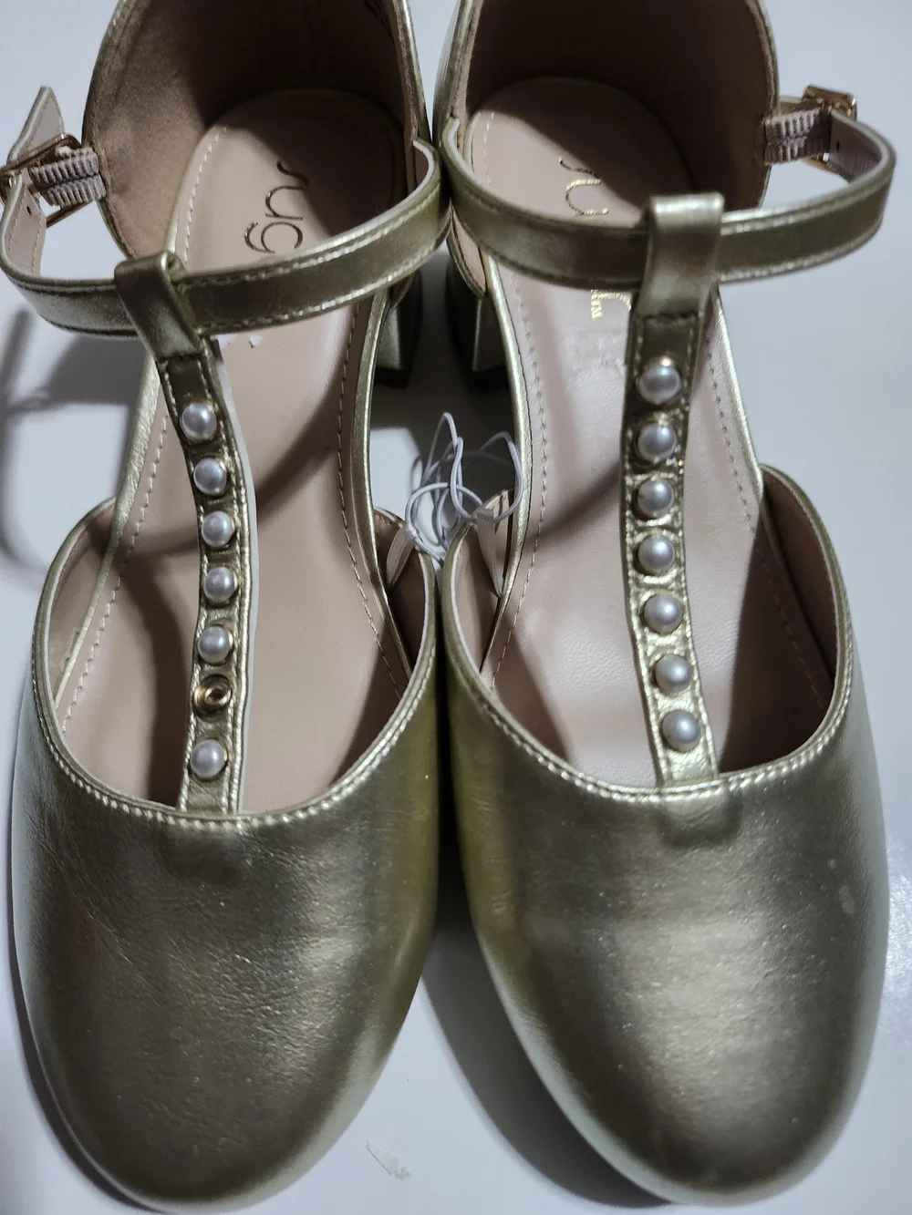 Sugar Gold Pearl-Trim T-Strap Dress Flats